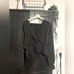 Black satin crossover shirred waist long sleeve blouse